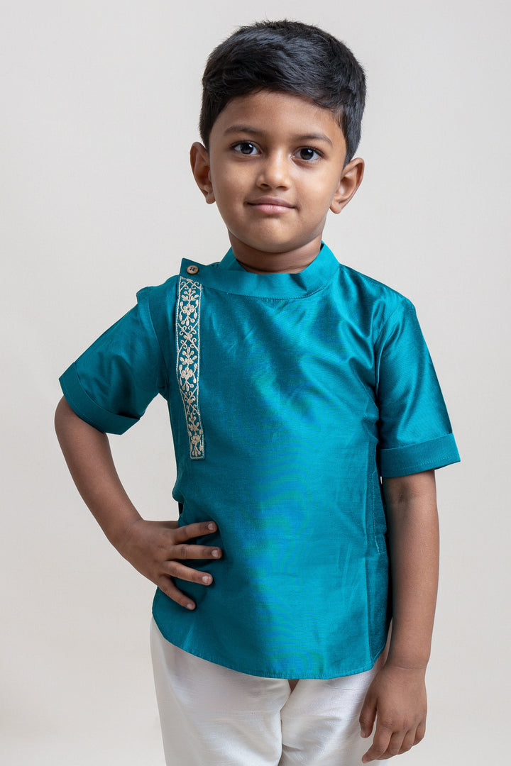The Nesavu Boys Silk Shirt Gorgeous Peacock Blue Soft Cotton Shirt For Little Boys Nesavu Ethnic Cotton Shirts For Boys | Premium Boys Wear | The Nesavu
