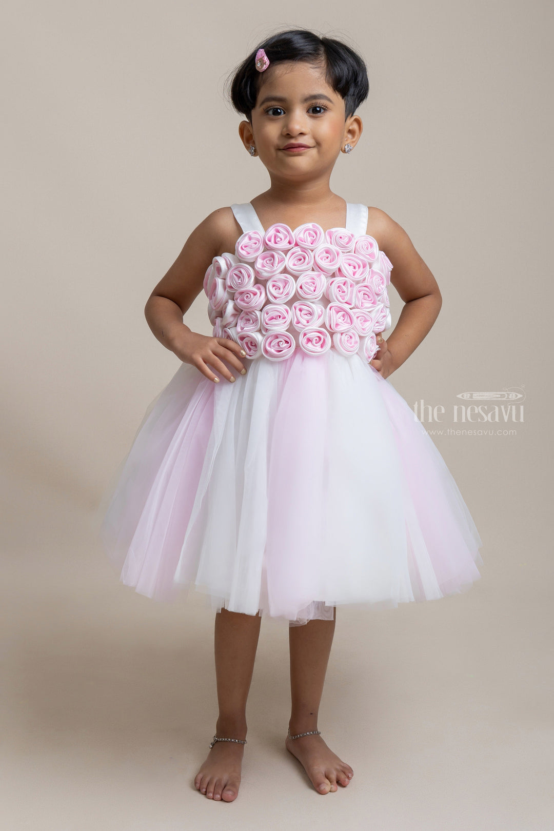 The Nesavu Girls Tutu Frock Gorgeous Pink and White Satin Flower Crafted Soft Tulle Frock for Girls Nesavu 16 (1Y) / Pink PF112C Trendy Party Frock For Girls | Party Wear Collection | The Nesavu