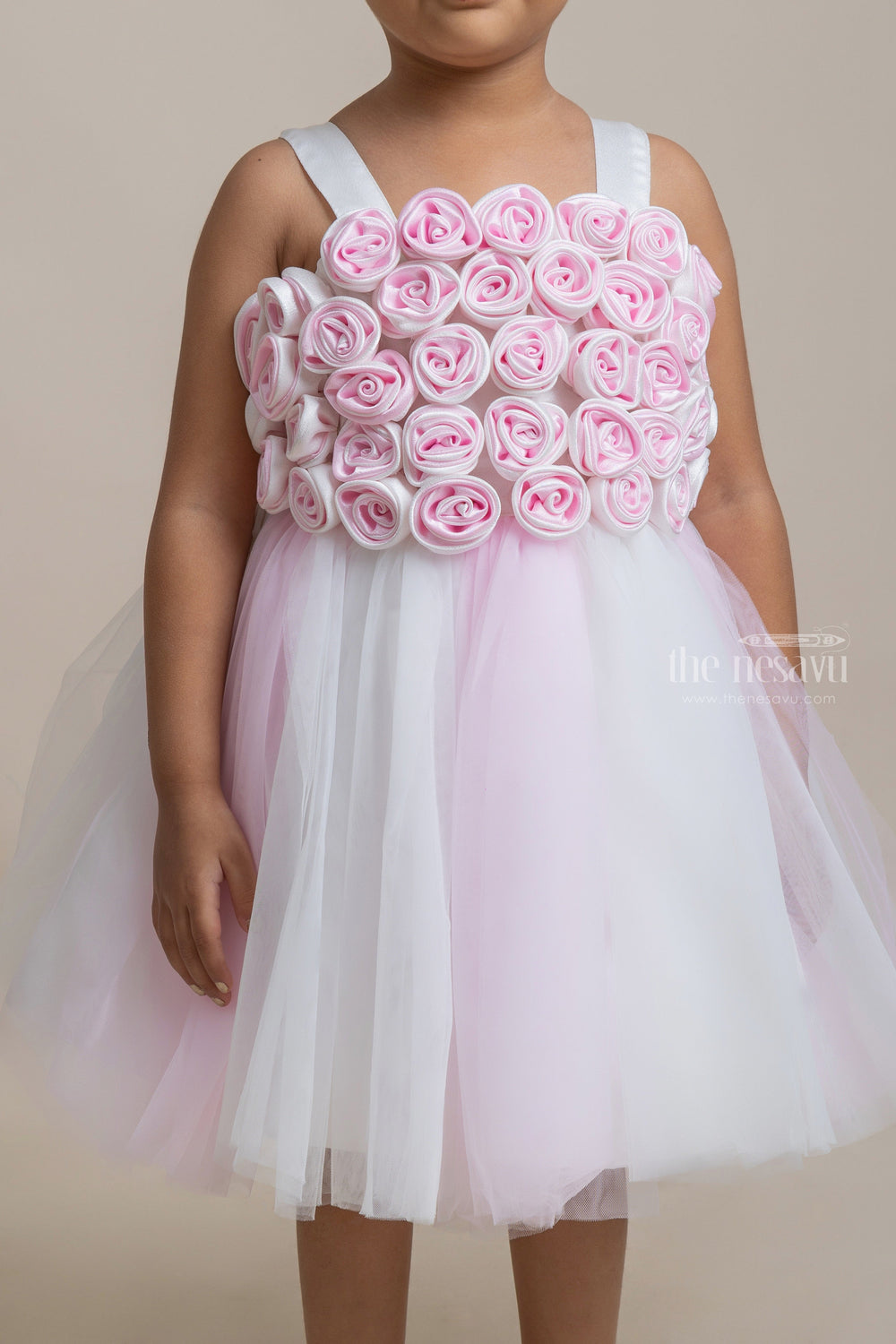 The Nesavu Girls Tutu Frock Gorgeous Pink and White Satin Flower Crafted Soft Tulle Frock for Girls Nesavu Trendy Party Frock For Girls | Party Wear Collection | The Nesavu