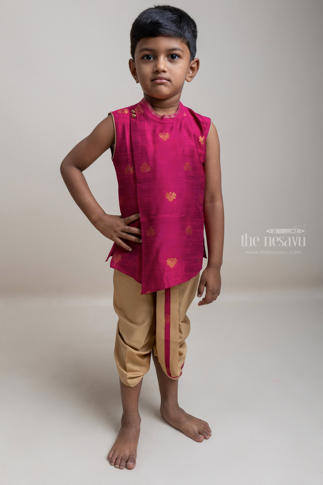 The Nesavu Boys Dothi Set Gorgeous Pink Ethnic Butta Printed Kurta With Beige Dhoti For Boys Nesavu 12 (3M) / Pink / Dupioni Silk BES293A-12 Festive Collection For Boys | Latest Kurta Collection | The Nesavu