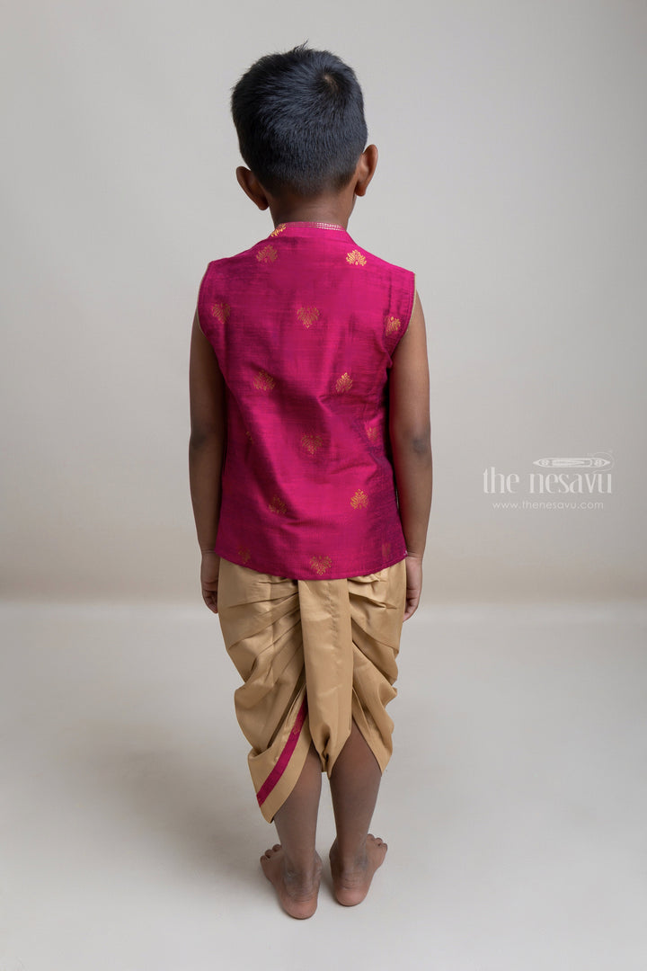 The Nesavu Boys Dothi Set Gorgeous Pink Ethnic Butta Printed Kurta With Beige Dhoti For Boys Nesavu Festive Collection For Boys | Latest Kurta Collection | The Nesavu