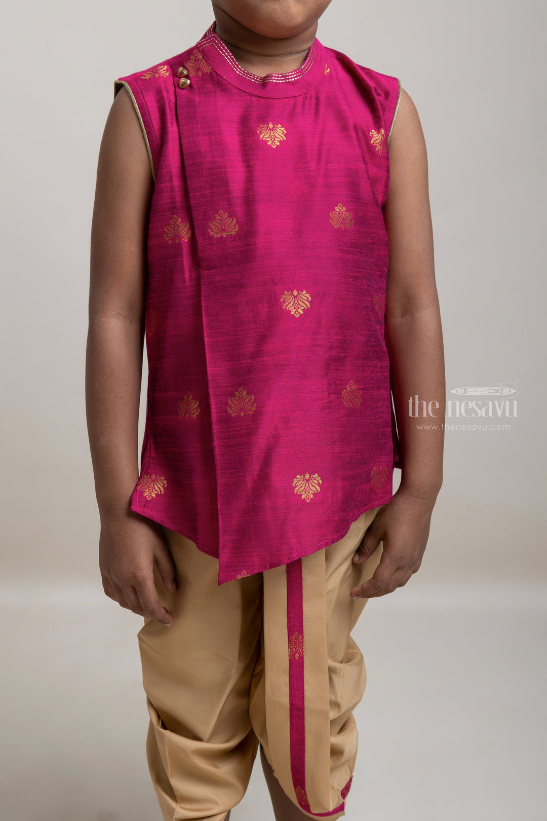 The Nesavu Boys Dothi Set Gorgeous Pink Ethnic Butta Printed Kurta With Beige Dhoti For Boys Nesavu Festive Collection For Boys | Latest Kurta Collection | The Nesavu