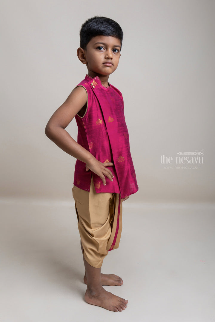 The Nesavu Boys Dothi Set Gorgeous Pink Ethnic Butta Printed Kurta With Beige Dhoti For Boys Nesavu Festive Collection For Boys | Latest Kurta Collection | The Nesavu