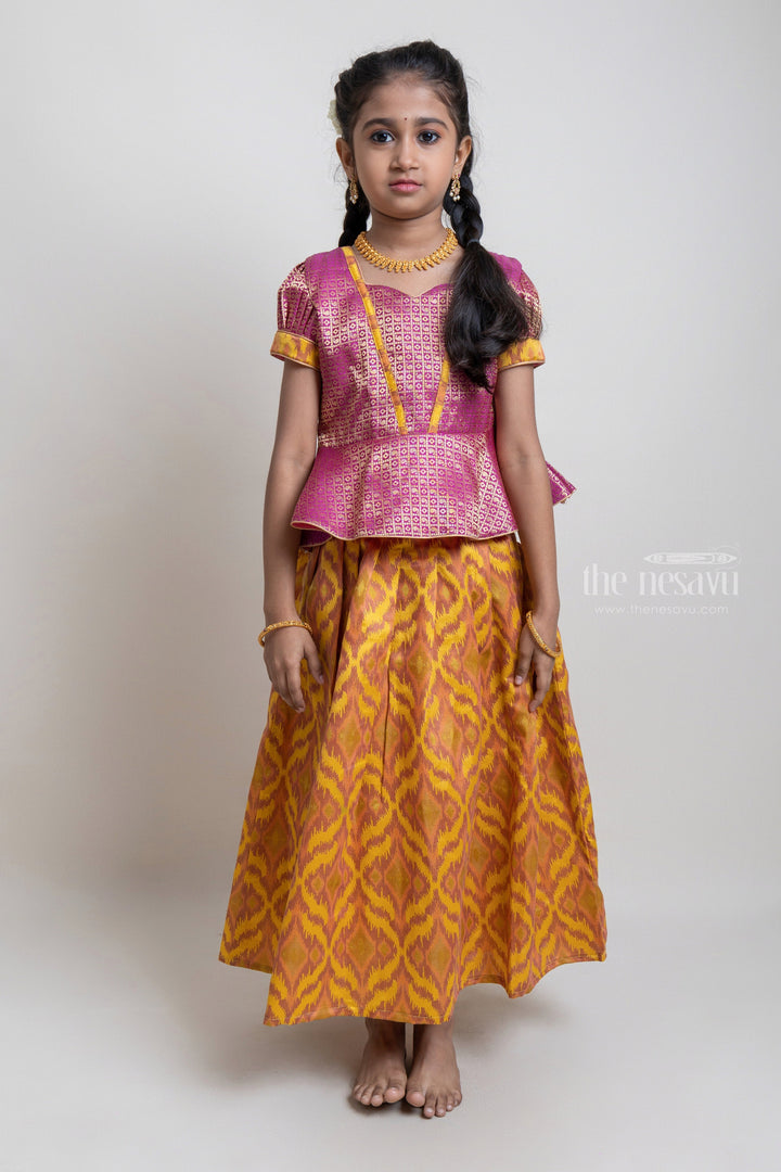 The Nesavu Pattu Pavadai Gorgeous Pink Floral Designed Silk Blouse With Woven Ikat Design Ziz-Zag Pattu Pavadai For Girls Nesavu 16 (1Y) / Yellow / Jute Silk GPP253B-16 Traditional Wear For Girls | Latest Pattu Pavadai | The Nesavu