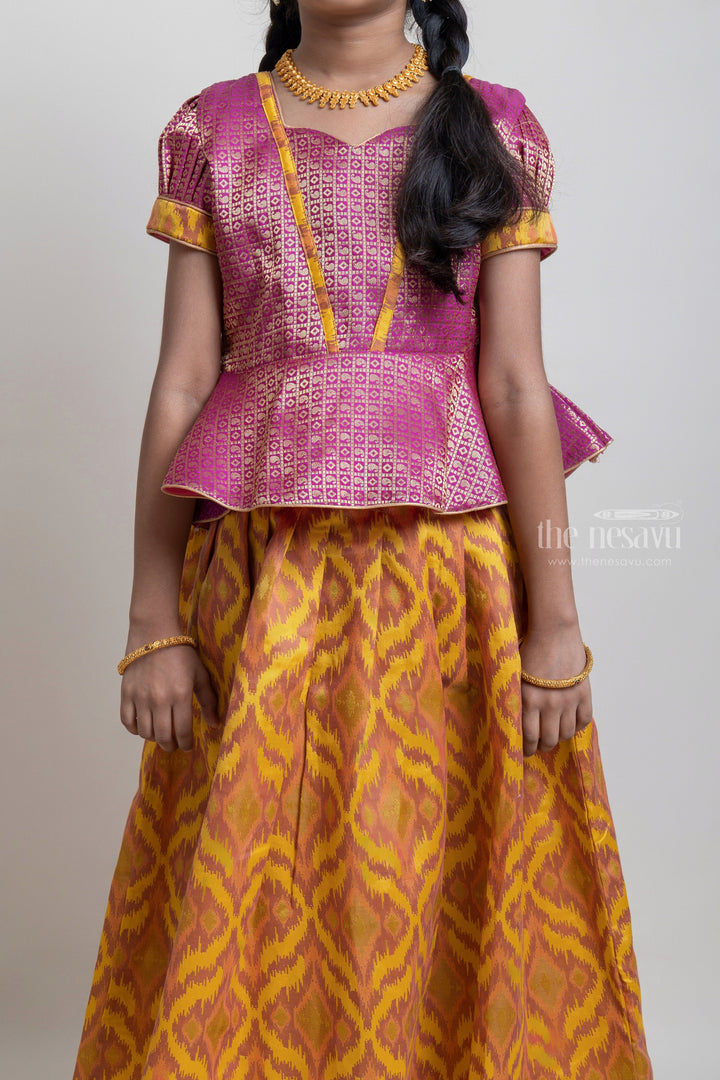 The Nesavu Pattu Pavadai Gorgeous Pink Floral Designed Silk Blouse With Woven Ikat Design Ziz-Zag Pattu Pavadai For Girls Nesavu Traditional Wear For Girls | Latest Pattu Pavadai | The Nesavu