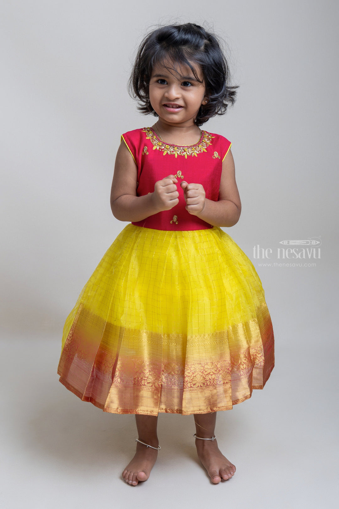 The Nesavu Silk Party Frock Gorgeous Red And Yellow Floral Embroidered Sleeveless Organza Checked Semi-Silk Frock For Girls Nesavu 16 (1Y) / Yellow / Organza Tissue SF553 Beautiful festive Silk frock For Girls | Premium Silk Frock | The Nesavu