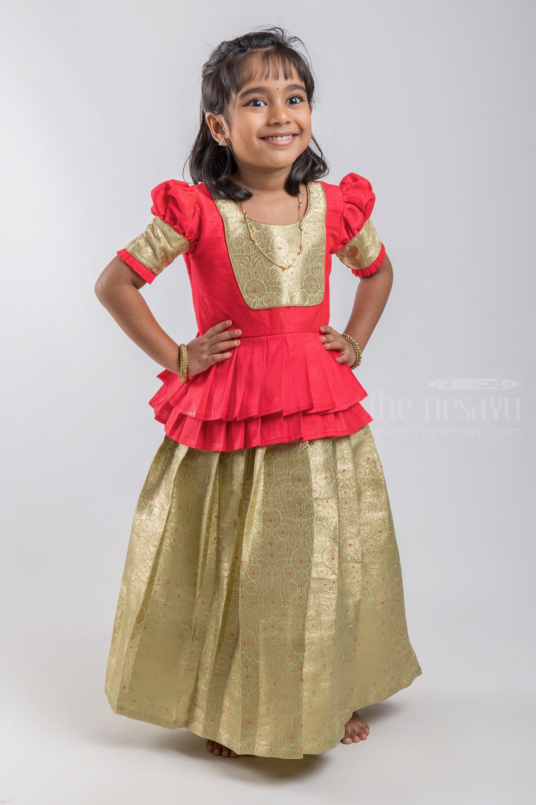 The Nesavu Pattu Pavadai Gorgeous Red Banarasi Zari Design Pattu Pavadai For Girls psr silks Nesavu 16 (1Y) / Red / Jacquard GPP278B