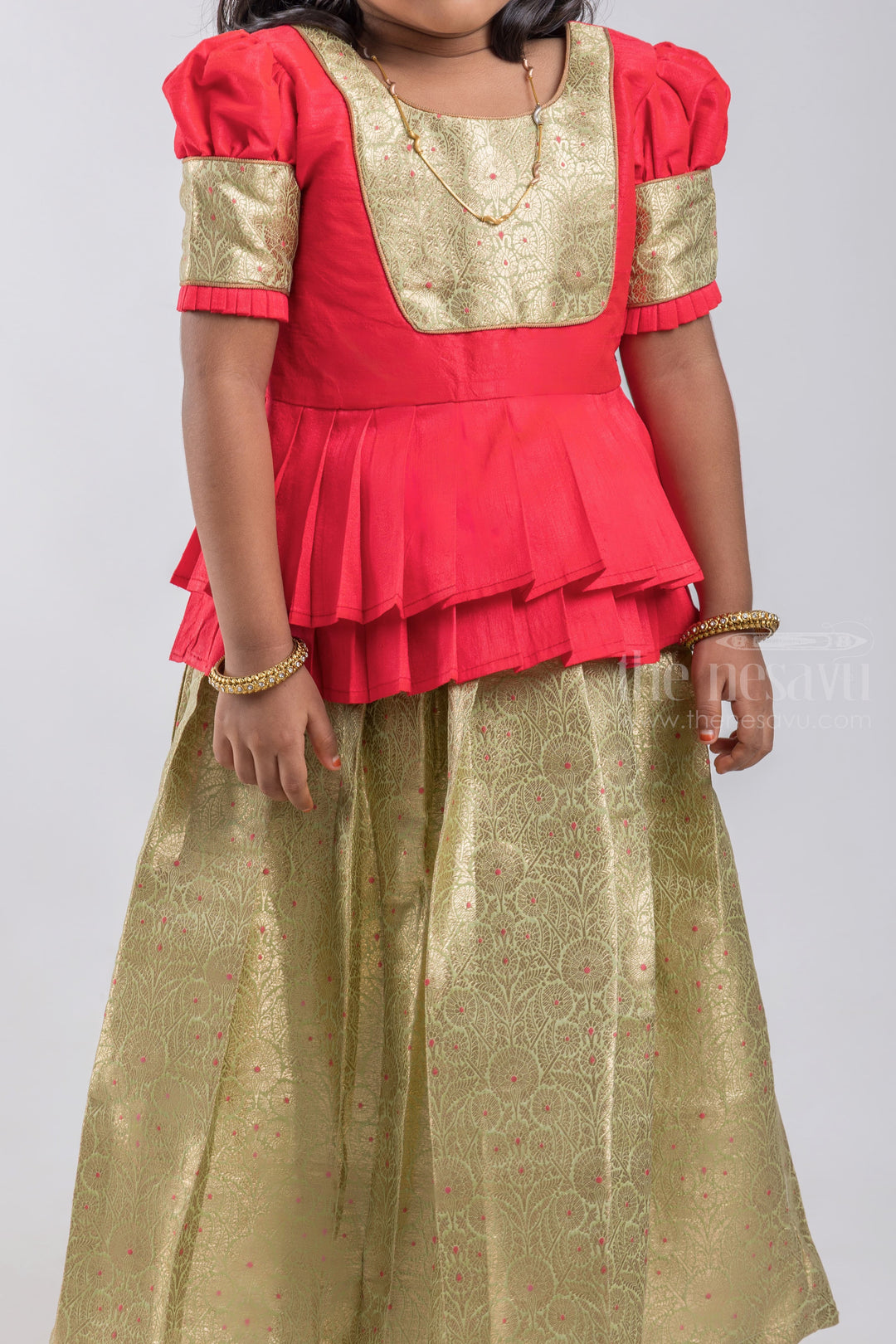 The Nesavu Pattu Pavadai Gorgeous Red Banarasi Zari Design Pattu Pavadai For Girls psr silks Nesavu