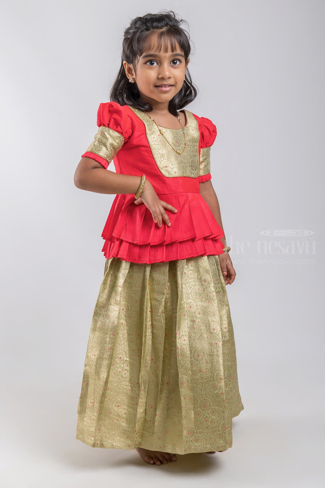 The Nesavu Pattu Pavadai Gorgeous Red Banarasi Zari Design Pattu Pavadai For Girls psr silks Nesavu