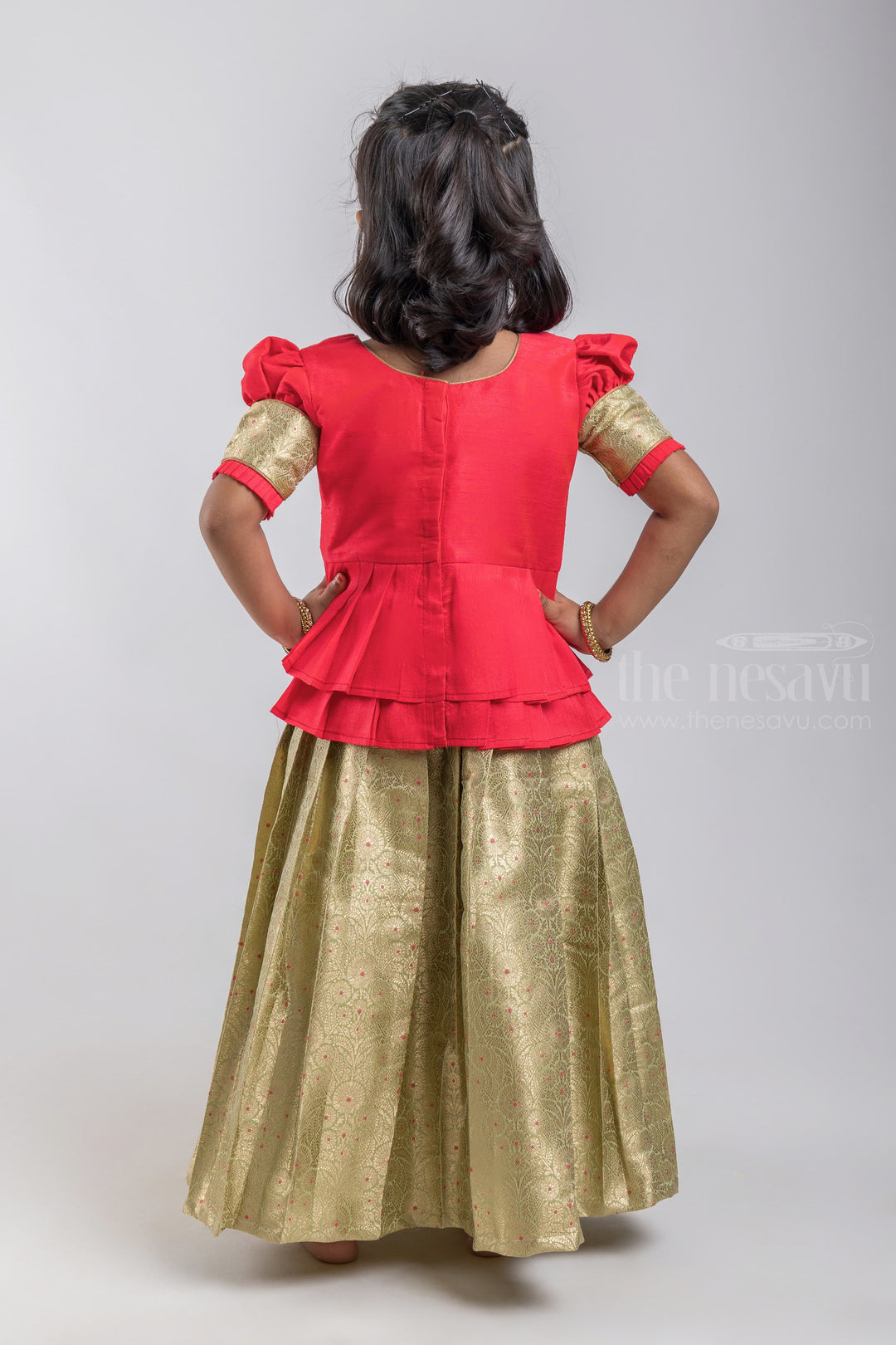 The Nesavu Pattu Pavadai Gorgeous Red Banarasi Zari Design Pattu Pavadai For Girls psr silks Nesavu