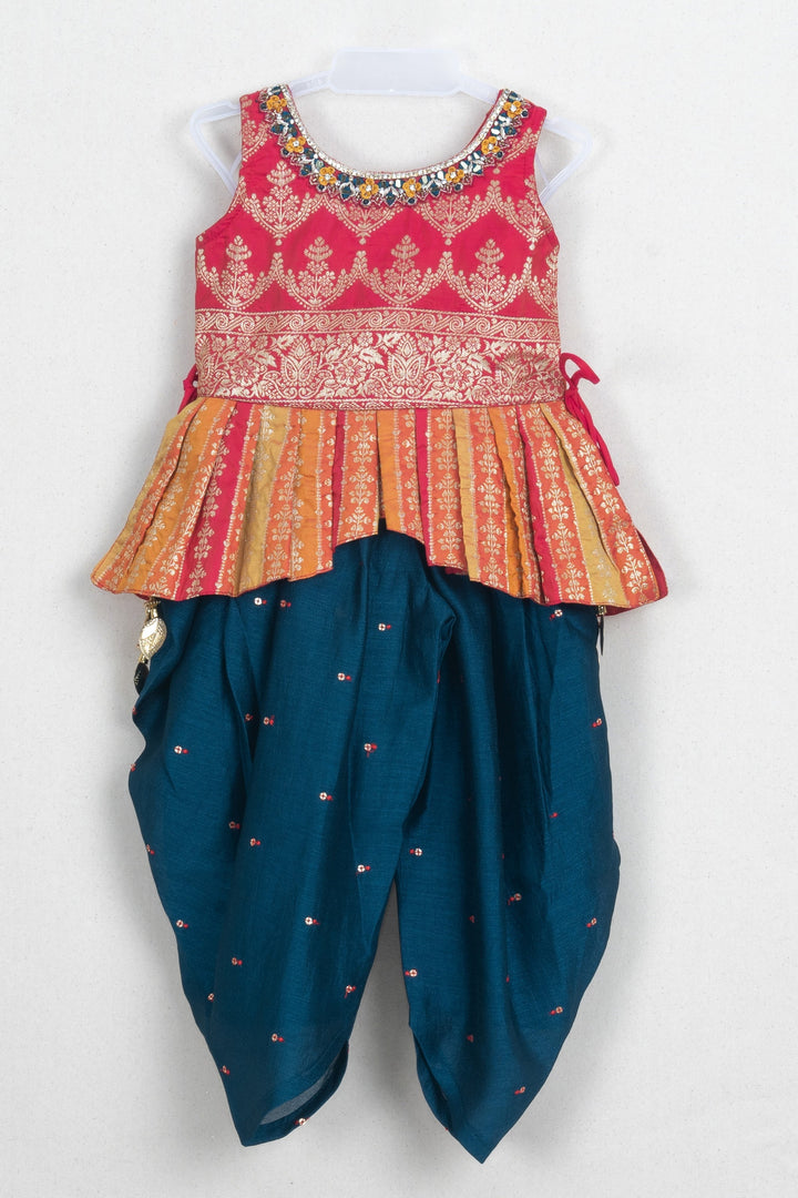 The Nesavu Girls Dothi Sets Gorgeous Red Floral Designer Top And Glitter Sequined Blue Patiyala For Girls Nesavu 18 (2Y) / Blue / Silk Blend GPS138B-18 Trendy Palazzo With Croptop | Designer Palazzo Suit For Girls | The Nesavu