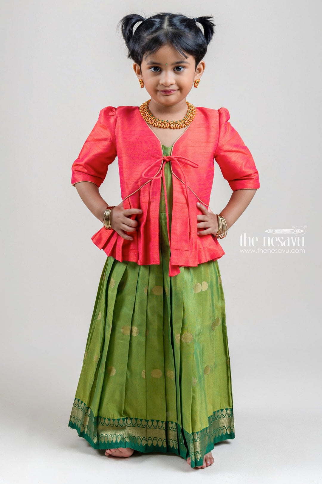 The Nesavu Silk Gown Gorgeous Red Semi-Silk Overcoat and Green Kanchivaram Designer Silk Anarkali Dress Nesavu 14 (6M) / Green / Cotton Silk GA137B-14 Girls Anarkali dress| Silk Anarkali Dress | The Nesavu