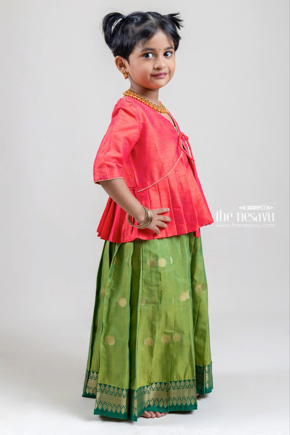 The Nesavu Silk Gown Gorgeous Red Semi-Silk Overcoat and Green Kanchivaram Designer Silk Anarkali Dress Nesavu Girls Anarkali dress| Silk Anarkali Dress | The Nesavu