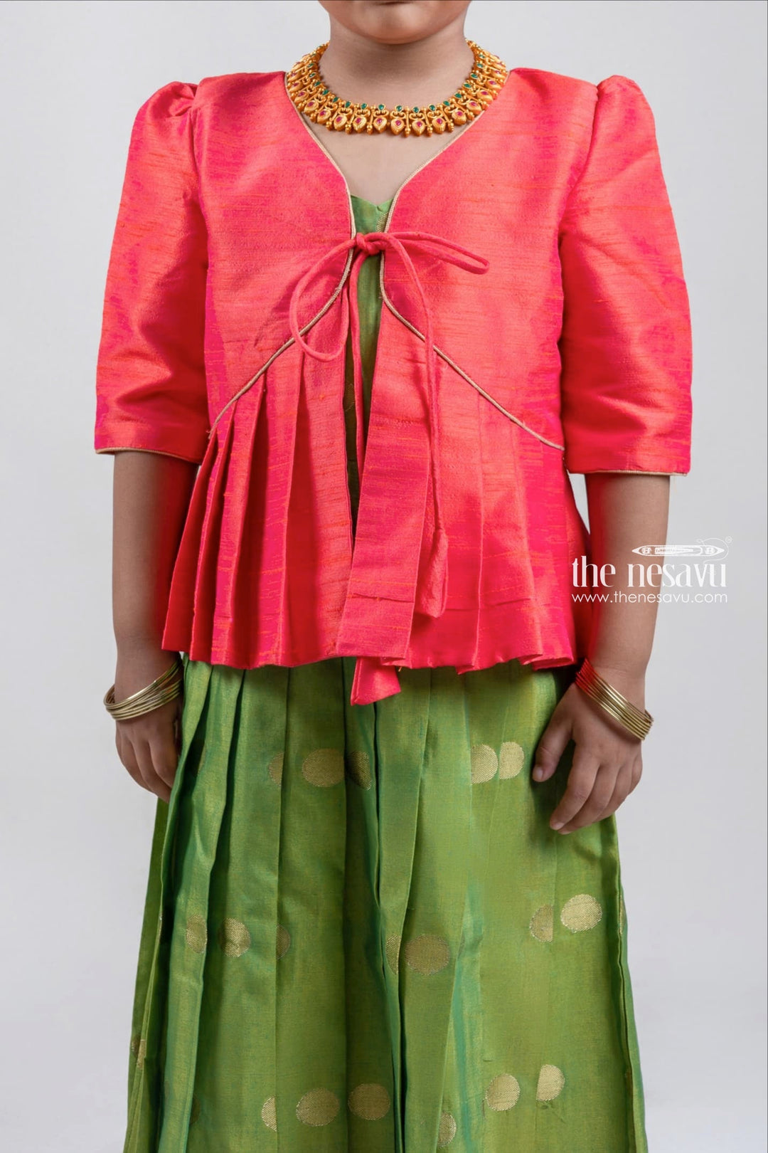 The Nesavu Silk Gown Gorgeous Red Semi-Silk Overcoat and Green Kanchivaram Designer Silk Anarkali Dress Nesavu Girls Anarkali dress| Silk Anarkali Dress | The Nesavu