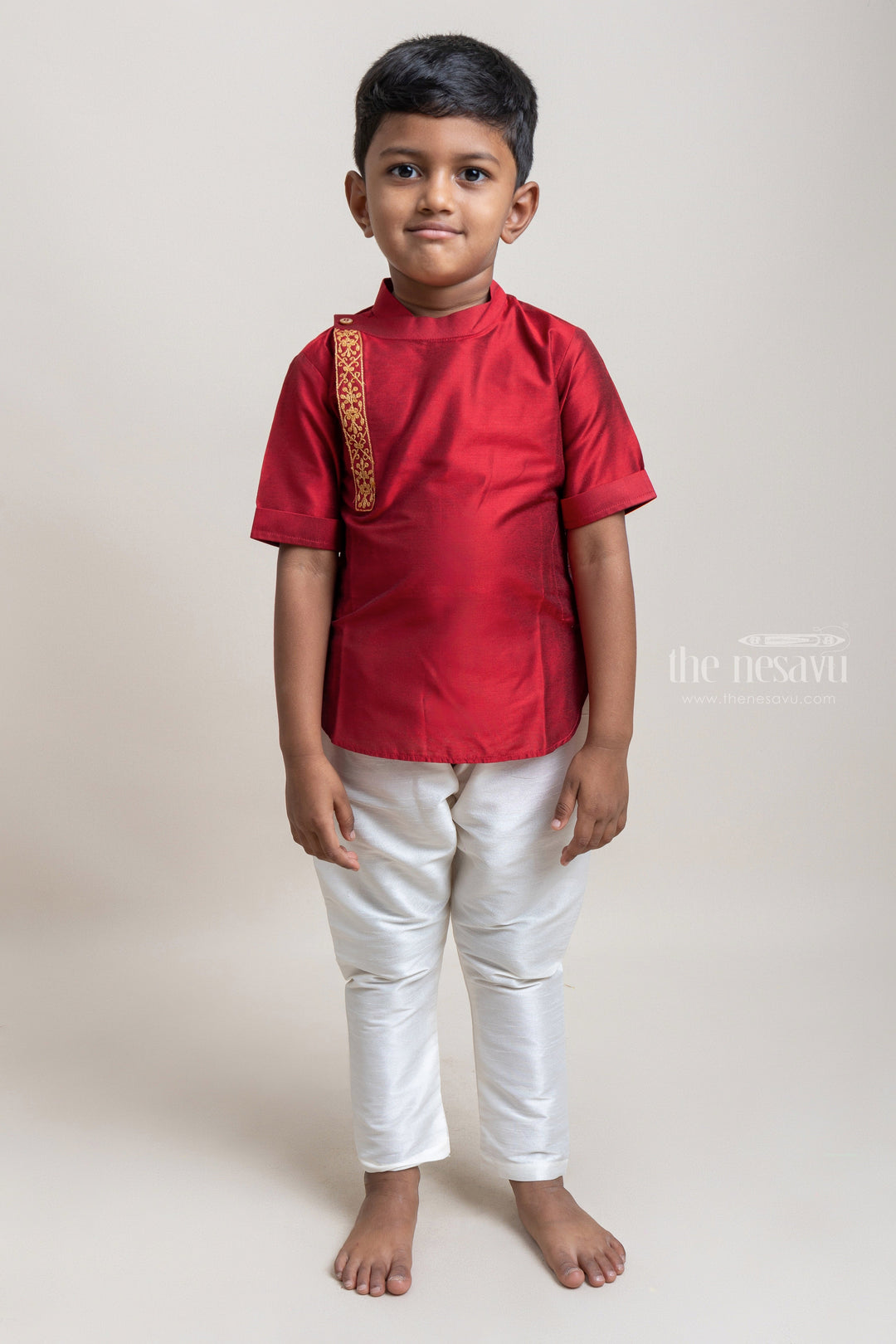 The Nesavu Boys Silk Shirt Gorgeous Red Soft Cotton Shirt For Little Boys Nesavu 12 (3M) / Red / Silk Blend BS016A-12 Ethnic Cotton Shirts For Boys | Premium Boys Wear | The Nesavu