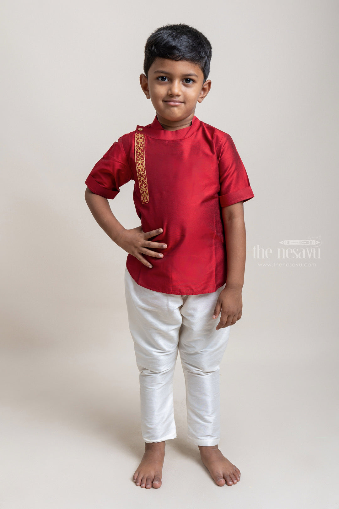 The Nesavu Boys Silk Shirt Gorgeous Red Soft Cotton Shirt For Little Boys Nesavu Ethnic Cotton Shirts For Boys | Premium Boys Wear | The Nesavu