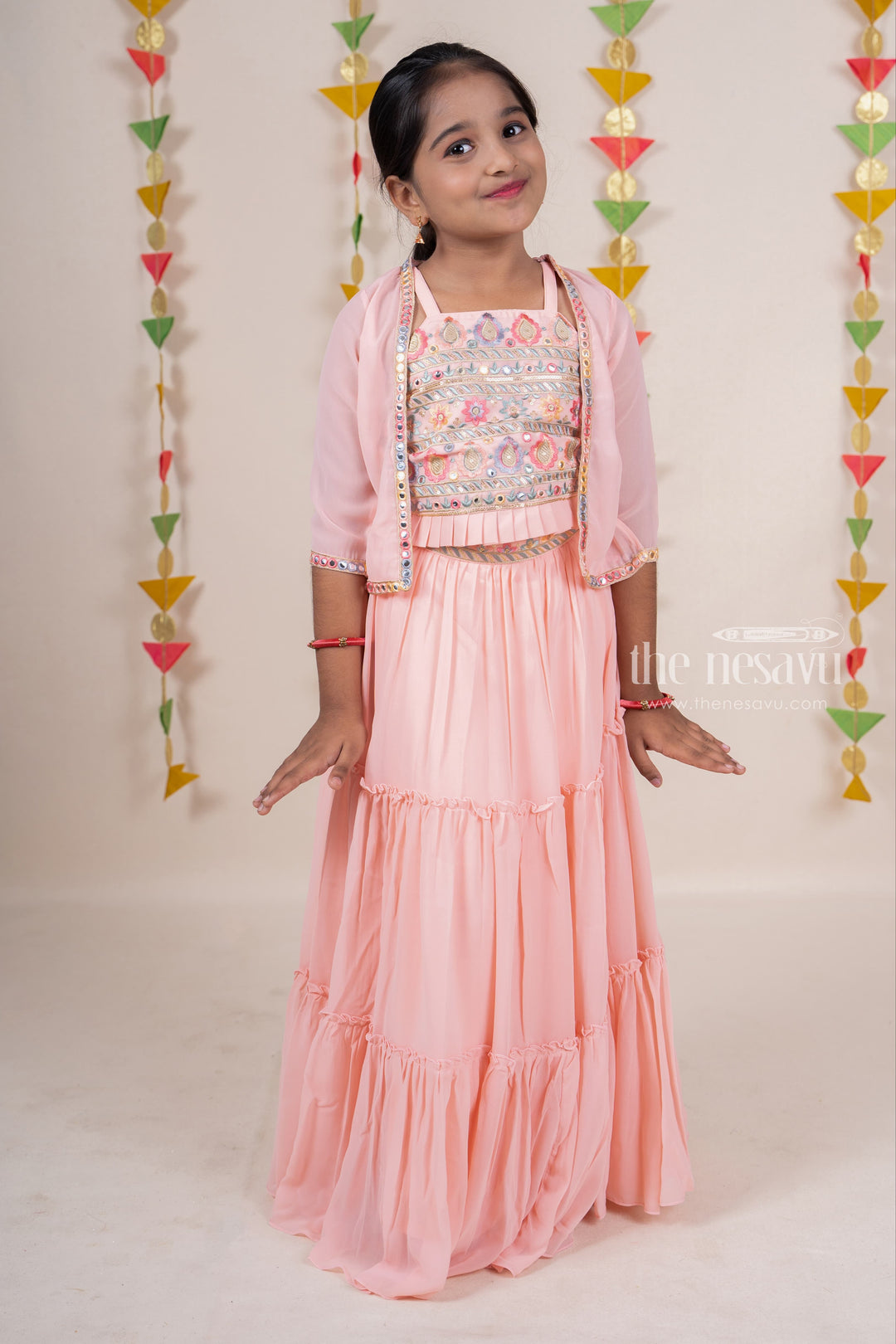 The Nesavu Lehenga & Ghagra Gorgeous Salmon Pink Floral Embroidered Top With Overcoat Anarkali Dress For Girls Nesavu Pink / 16 (1Y) / Georgette GL153C-16