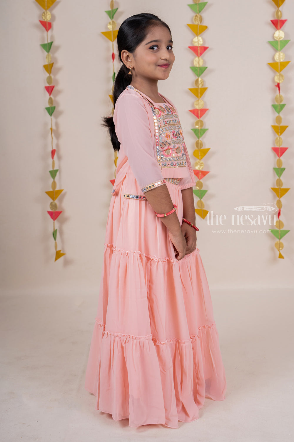 The Nesavu Lehenga & Ghagra Gorgeous Salmon Pink Floral Embroidered Top With Overcoat Anarkali Dress For Girls Nesavu