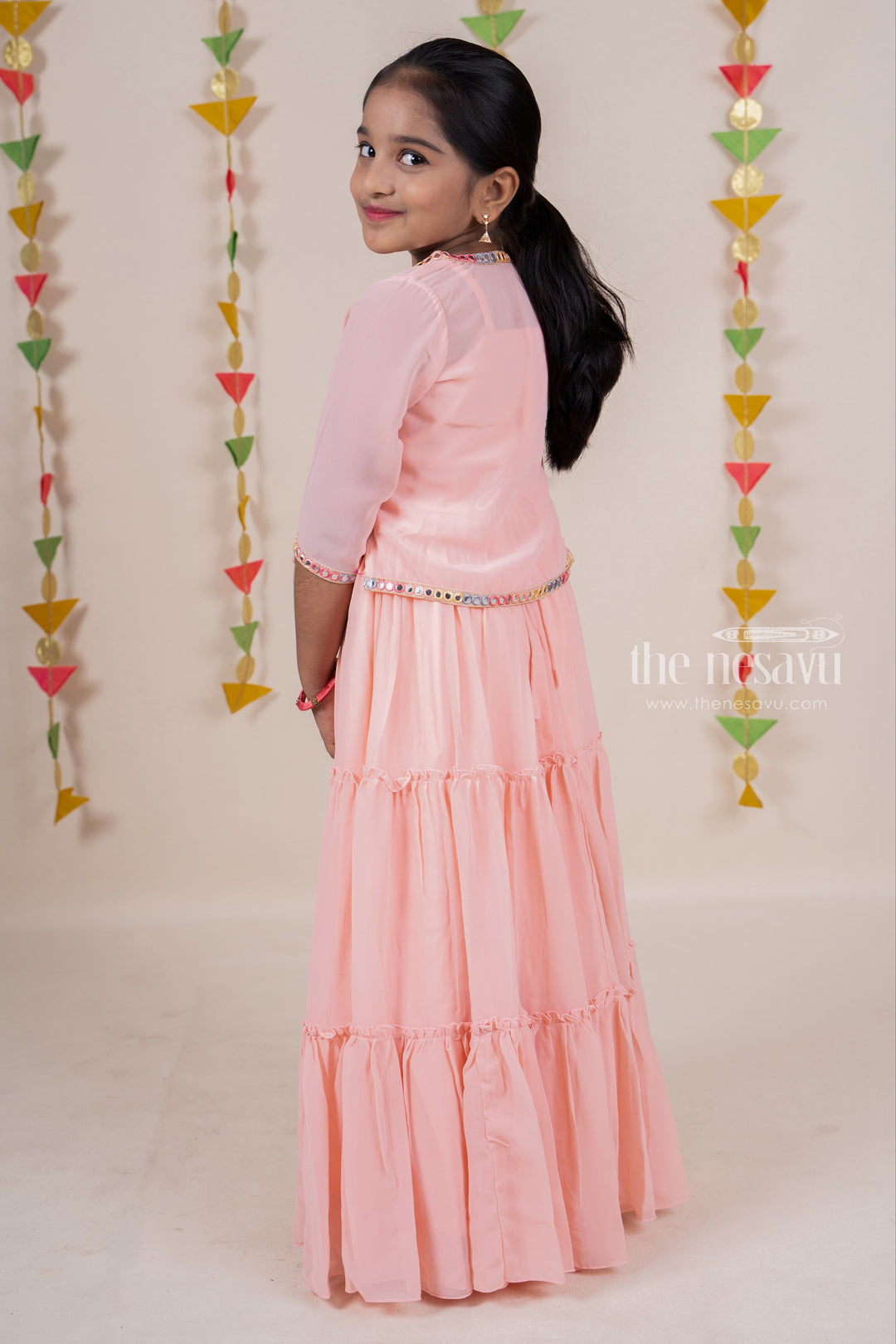 The Nesavu Lehenga & Ghagra Gorgeous Salmon Pink Floral Embroidered Top With Overcoat Anarkali Dress For Girls Nesavu