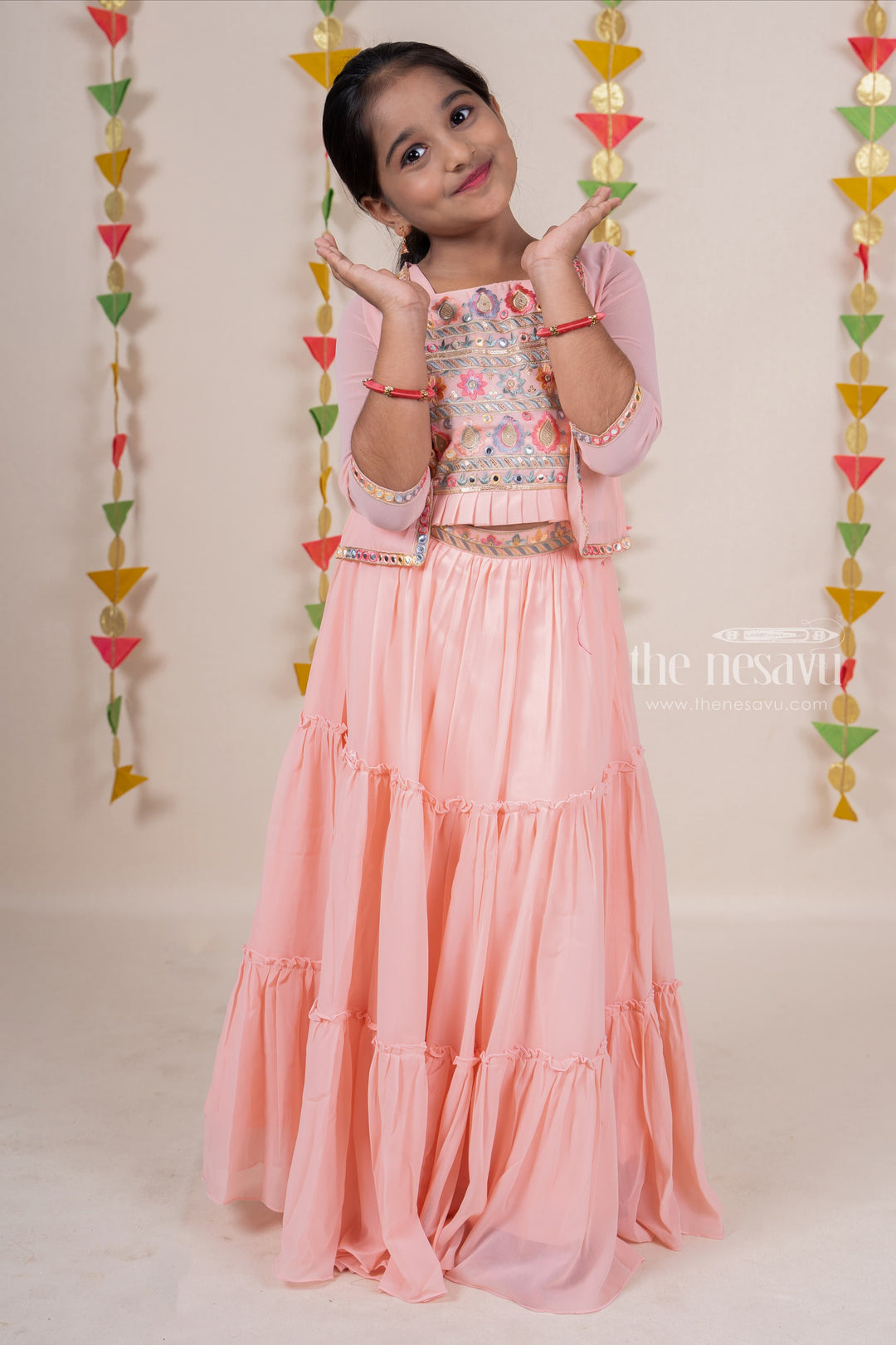 The Nesavu Lehenga & Ghagra Gorgeous Salmon Pink Floral Embroidered Top With Overcoat Anarkali Dress For Girls Nesavu