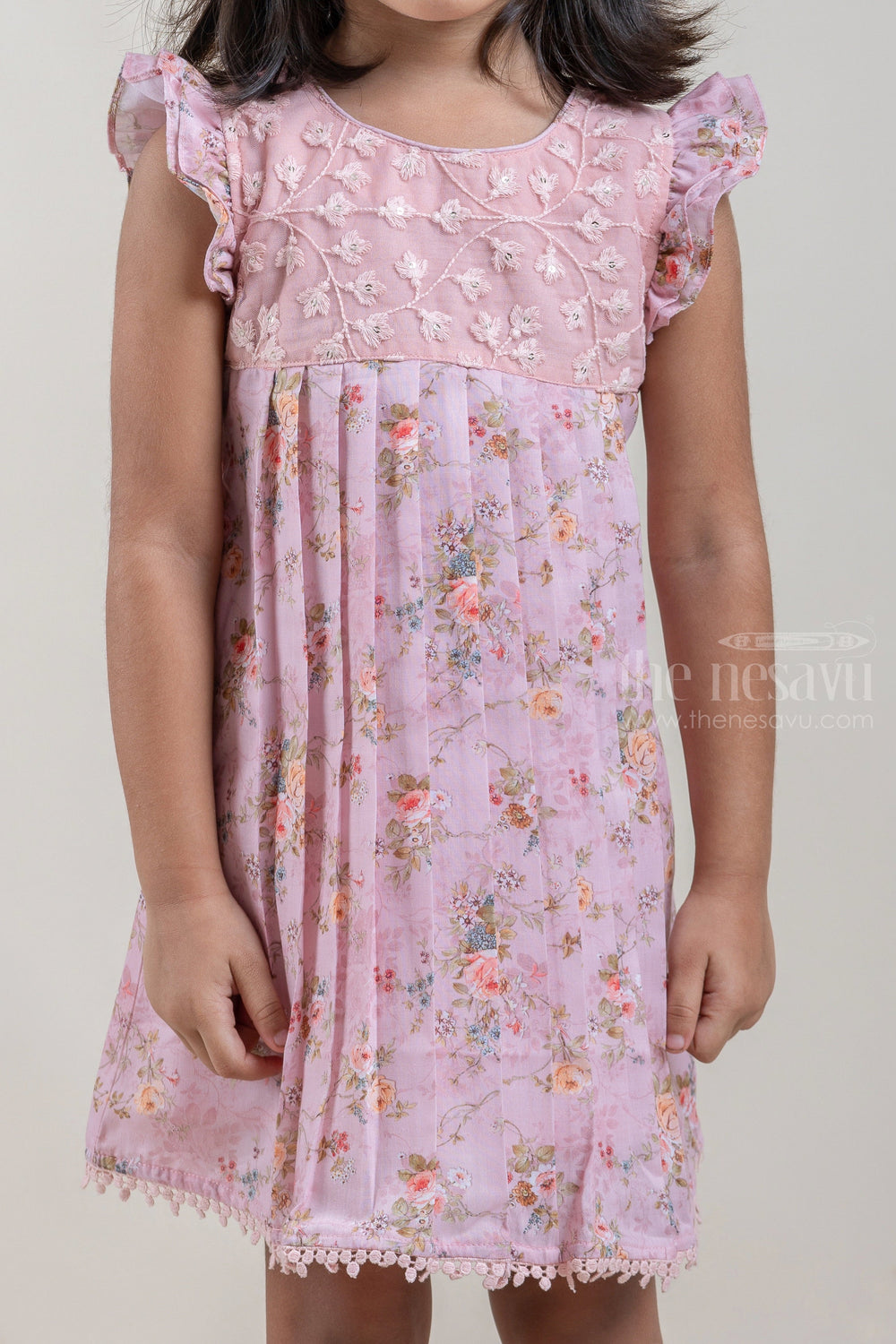 The Nesavu Baby Cotton Frocks Gorgeous Salmon Pink Floral Printed Pleated Cotton Frock For Baby Girls Nesavu Latest Frock Design For Girls | Baby Frock Suit | The Nesavu
