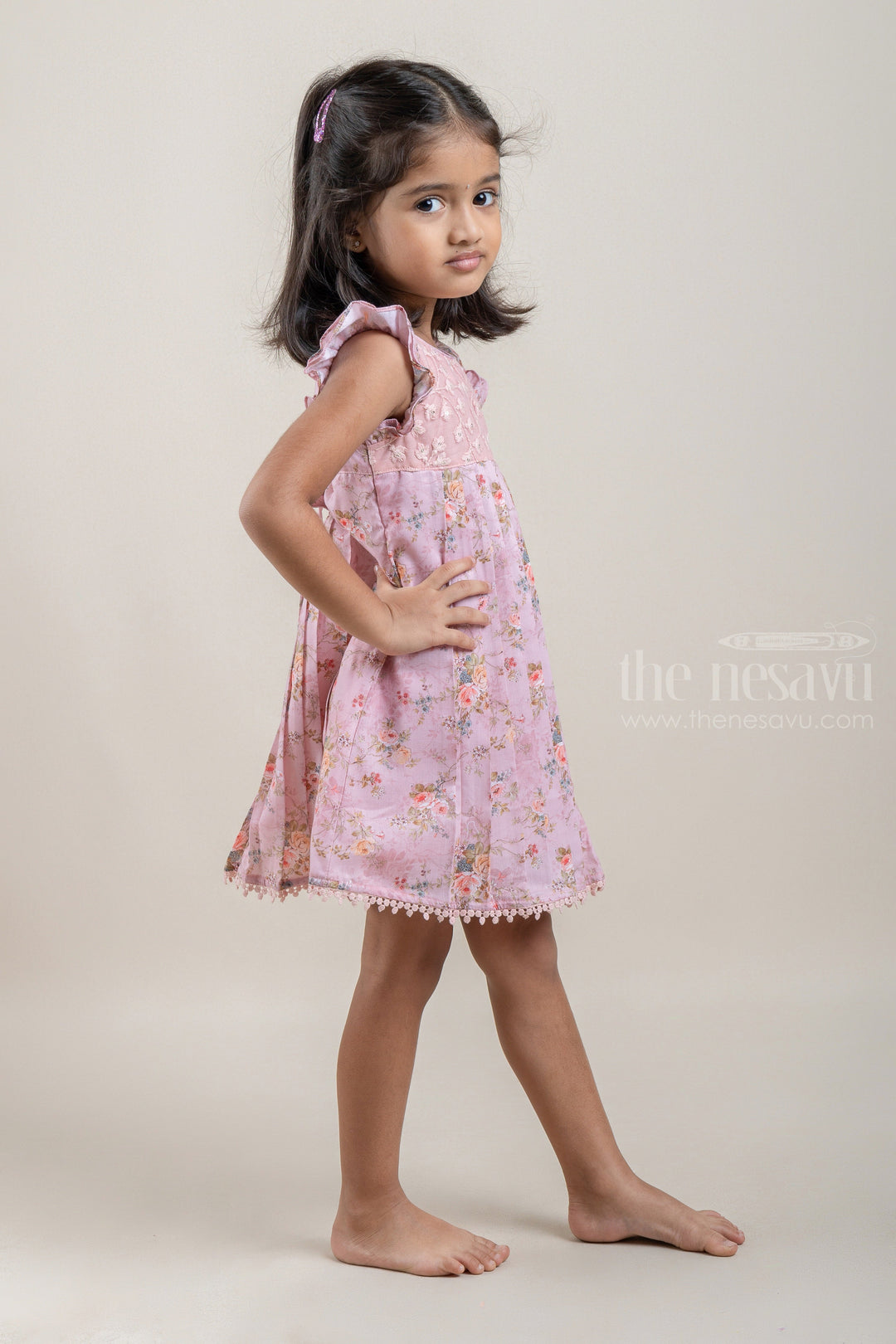 The Nesavu Baby Cotton Frocks Gorgeous Salmon Pink Floral Printed Pleated Cotton Frock For Baby Girls Nesavu Latest Frock Design For Girls | Baby Frock Suit | The Nesavu
