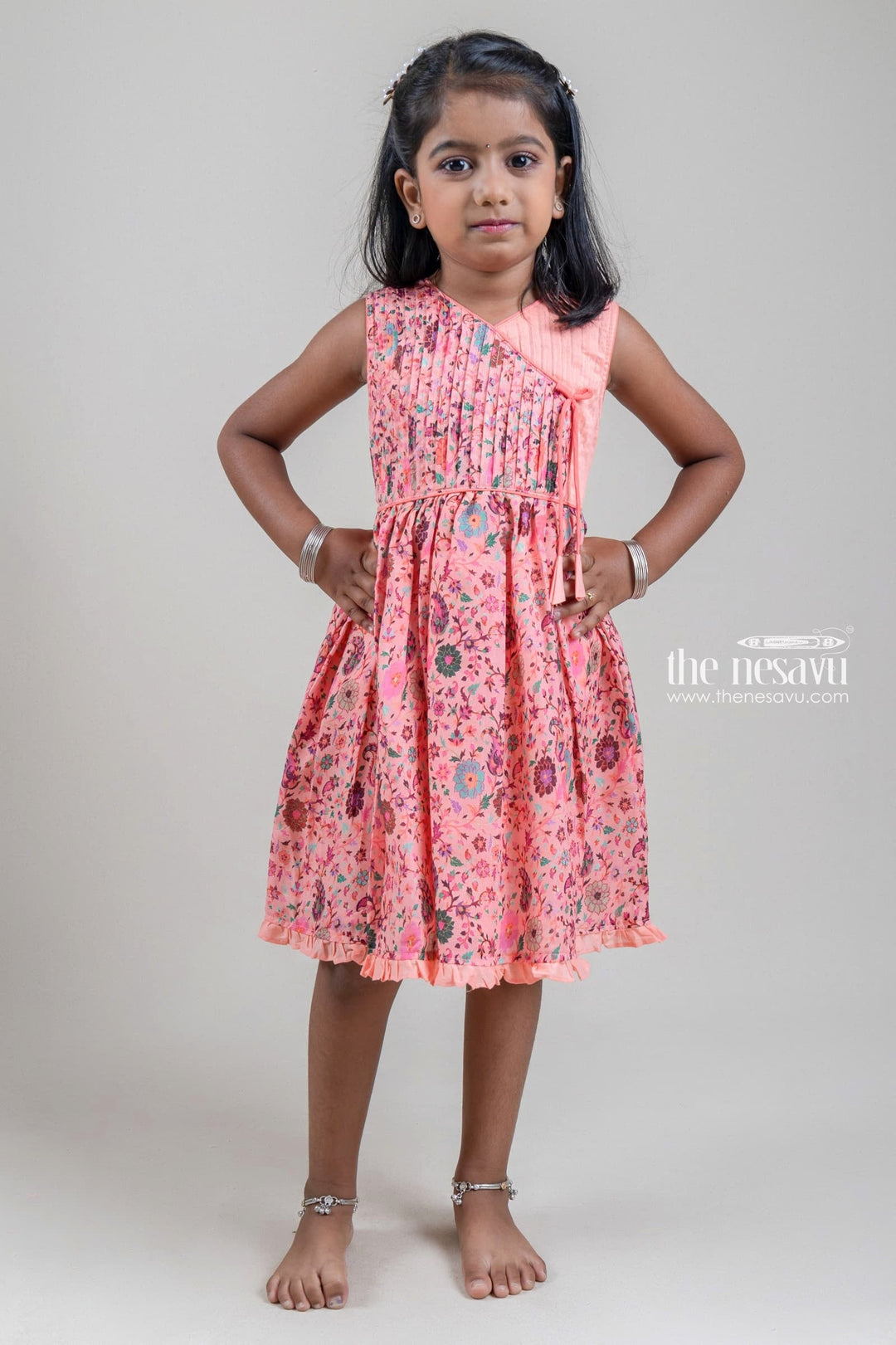 The Nesavu Girls Fancy Frock Gorgeous Salmon Pink Paisley N Floral Printed Pleated Casual Frock For Girls Nesavu 16 (1Y) / Salmon / Chanderi GFC1048B-16 Paisley Printed Frock For Girls | New Arrival | The Nesavu