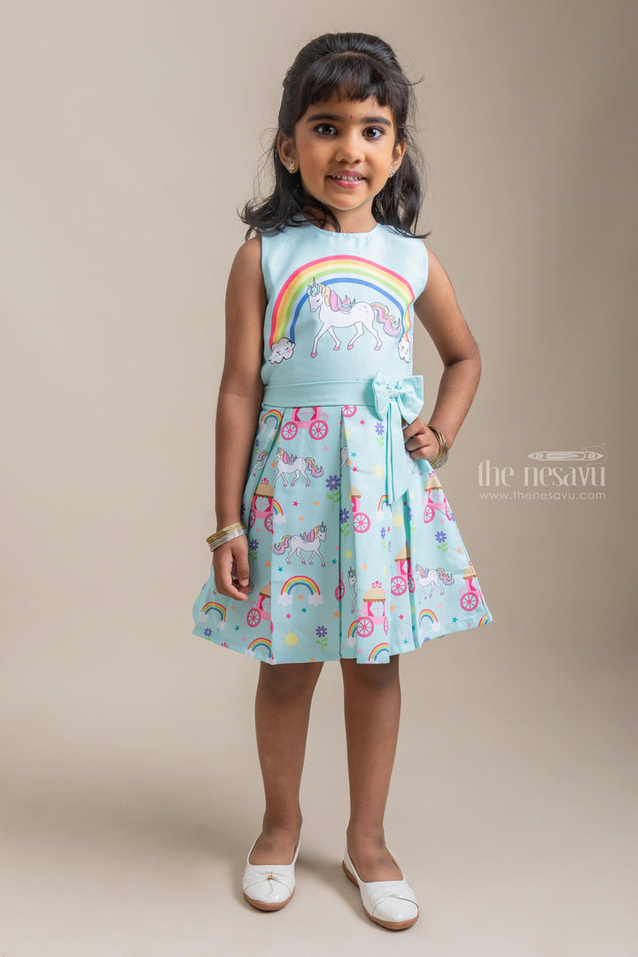 The Nesavu Baby Fancy Frock Gorgeous Unicorn and Rainbow Printed Blue Frock For Baby Girls Nesavu 14 (6M) / Green / Poly Silk BFJ344A Latest Baby Frock Collection | Premium Cotton Frocks | The Nesavu