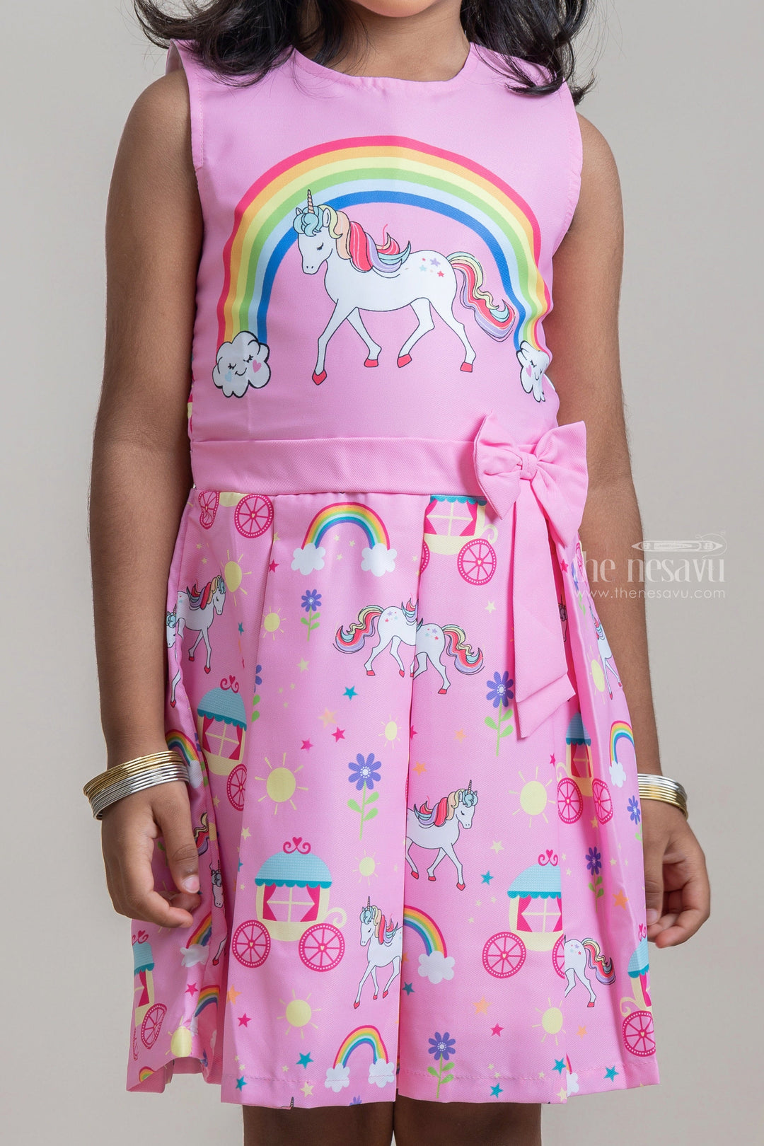 The Nesavu Baby Fancy Frock Gorgeous Unicorn and Rainbow Printed Pink Frock For Baby Girls Nesavu Latest Baby Frock Collection | Premium Cotton Frocks | The Nesavu