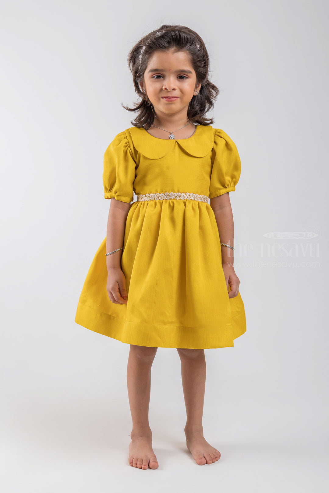 The Nesavu Silk Embroidered Frock Gorgeous Yellow Baloon Sleeve And Peter Pan Collared Frock For Girls psr silks Nesavu 16 (1Y) / Yellow GFC1028C