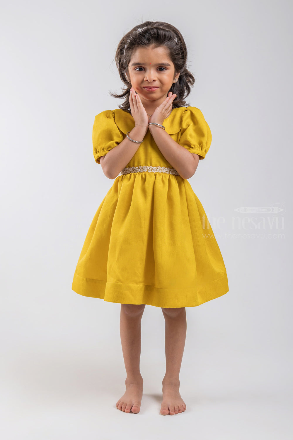 The Nesavu Silk Embroidered Frock Gorgeous Yellow Baloon Sleeve And Peter Pan Collared Frock For Girls psr silks Nesavu