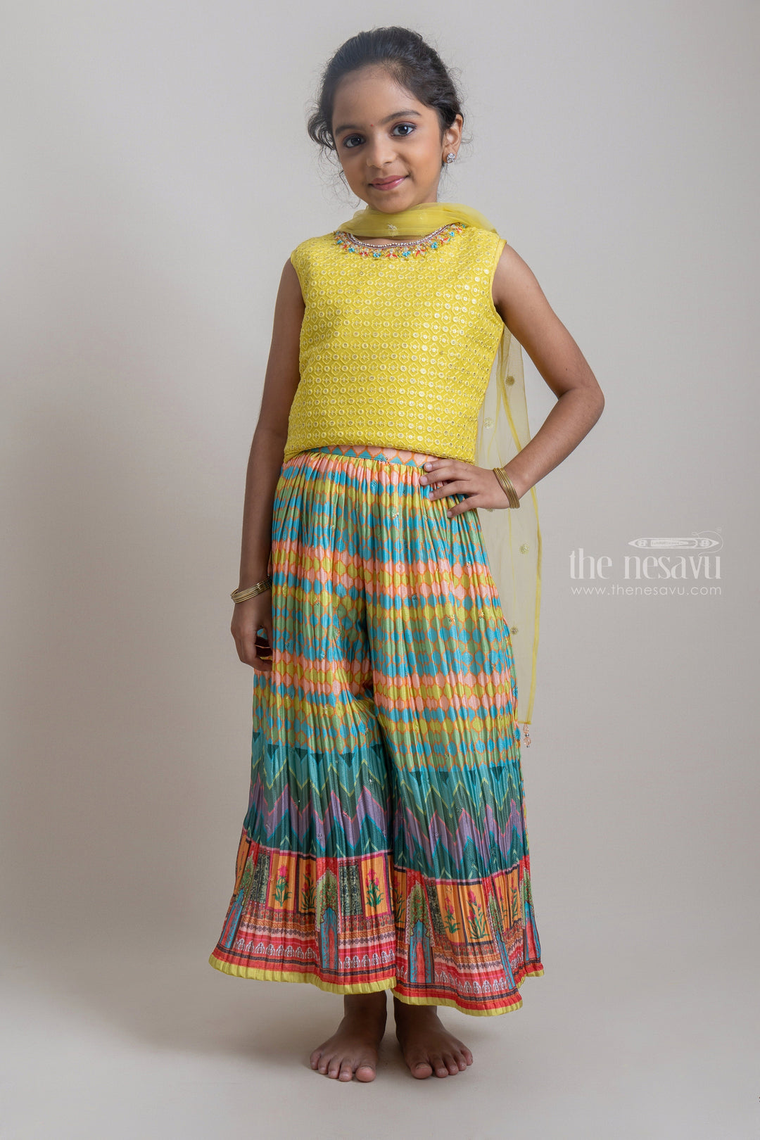 The Nesavu Girls Sharara / Plazo Set Gorgeous Yellow Floral Embroidery Crop top And Multicolor Printed Palazzo Suit For Girls Nesavu 16 (1Y) / Yellow GPS130 Traditional Dresses For Girls | Eye-catching Dresses For Girls | The Nesavu