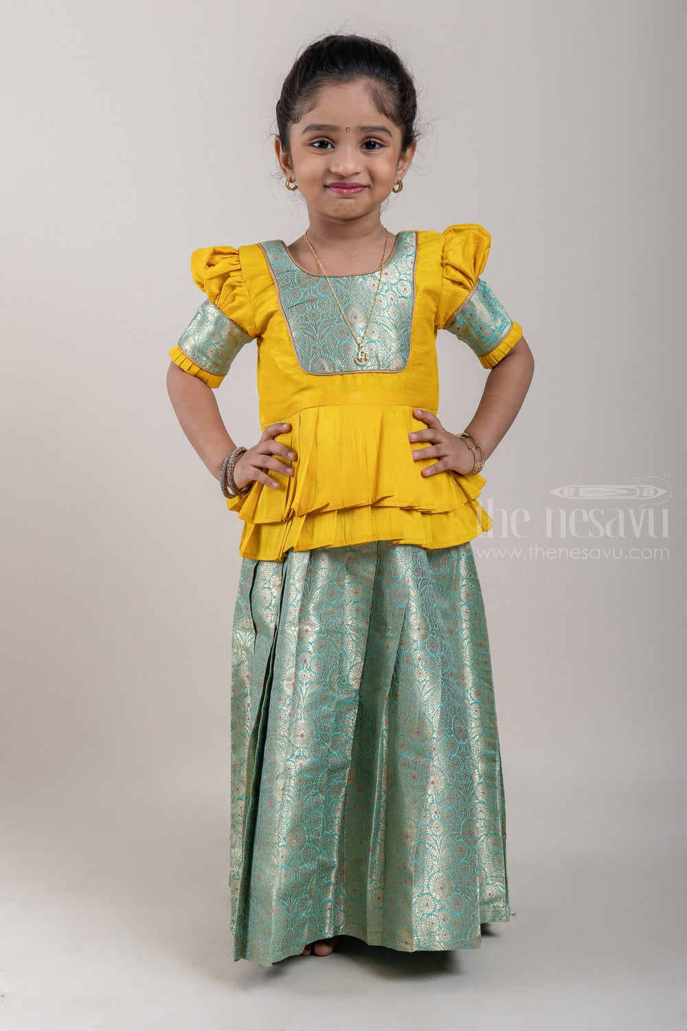 The Nesavu Pattu Pavadai Gorgeous Yellow Silk Blouse N Zari Banarasi Design Pattu Pavadai For Girls Nesavu Yellow Silk Blouse For Girls | Pattu Pavadai | The Nesavu