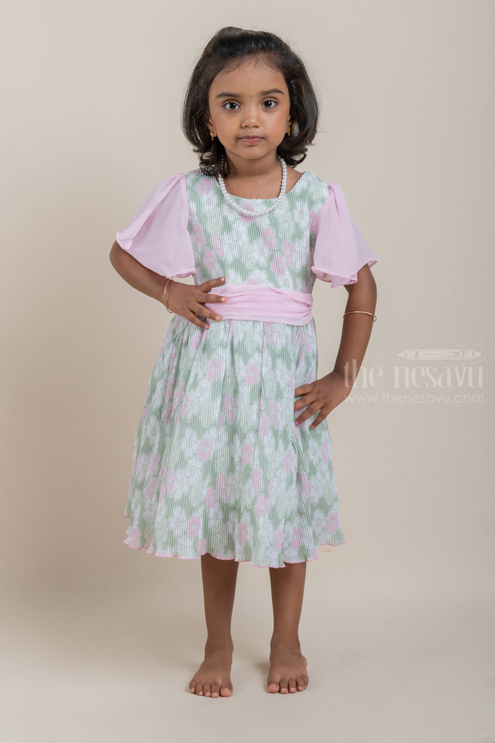 The Nesavu Frocks & Dresses Gorgette Pleated Green Colour Frock with Pink Floral Print and Flared Sleeve for Girls psr silks Nesavu 16 (1Y) / Green / Georgette GFC1088B