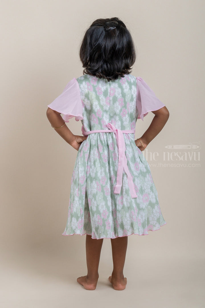 The Nesavu Frocks & Dresses Gorgette Pleated Green Colour Frock with Pink Floral Print and Flared Sleeve for Girls psr silks Nesavu