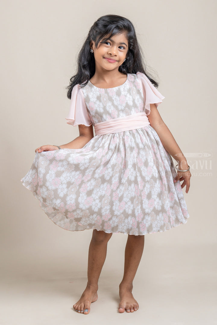 The Nesavu Frocks & Dresses Gorgette Pleated Green Colour Frock with Salmon Floral Print and Flared Sleeve for Girls psr silks Nesavu 16 (1Y) / Salmon / Georgette GFC1088A