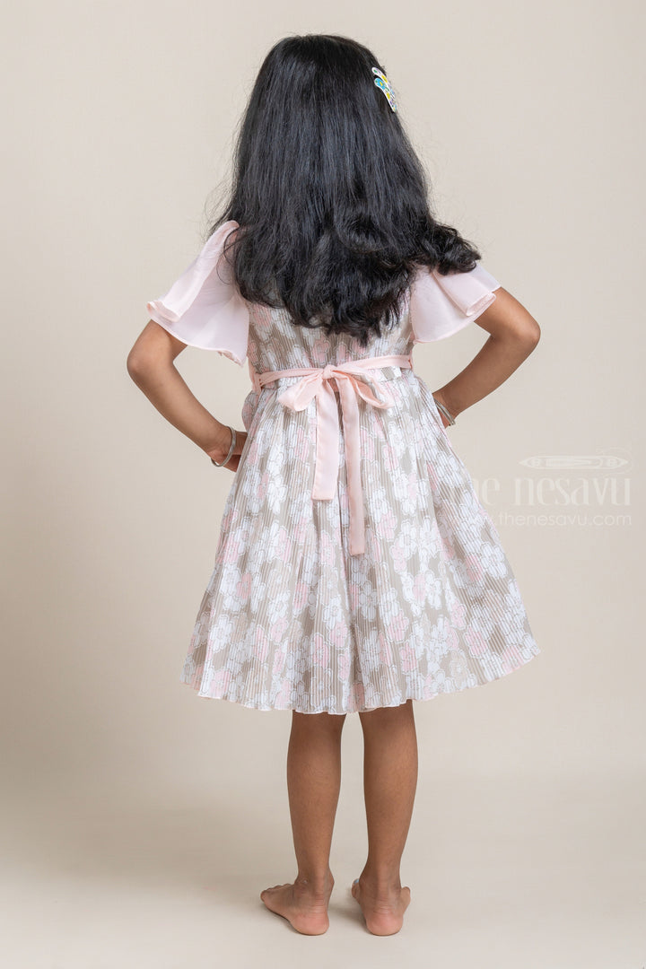 The Nesavu Frocks & Dresses Gorgette Pleated Green Colour Frock with Salmon Floral Print and Flared Sleeve for Girls psr silks Nesavu
