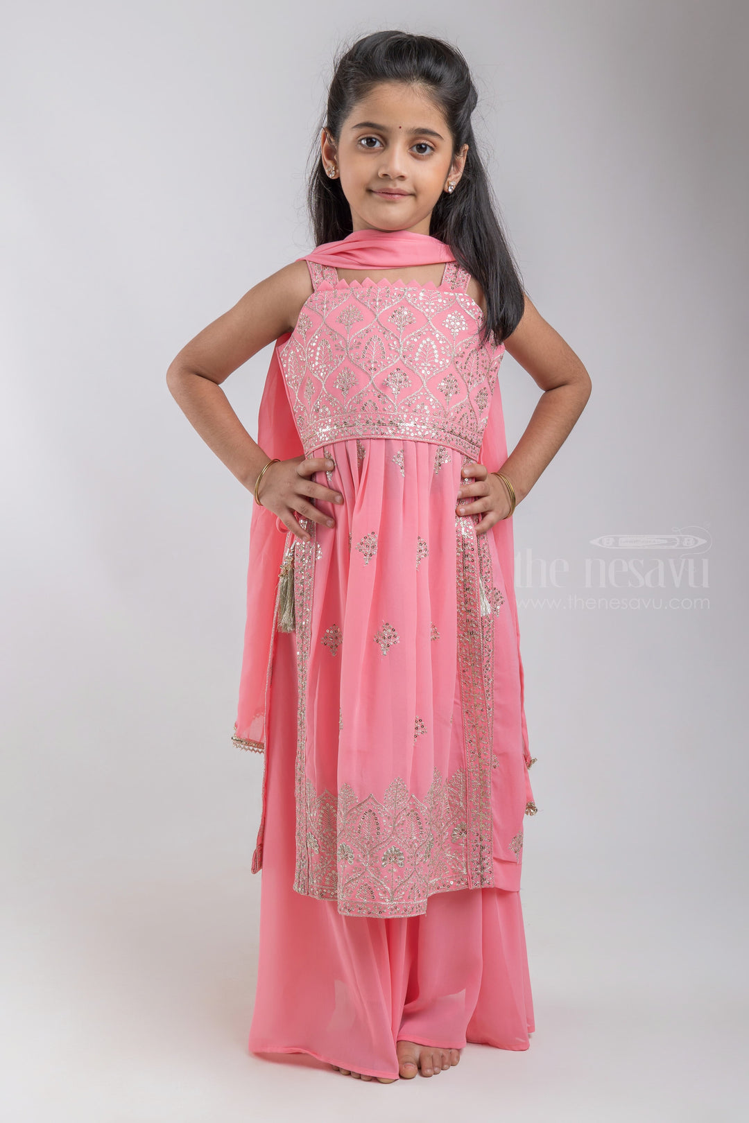 The Nesavu Girls Sharara / Plazo Set Gorgrous Pink Kurti And Palazzo Set For Little Girls psr silks Nesavu 16 (1Y) / Pink GPS117