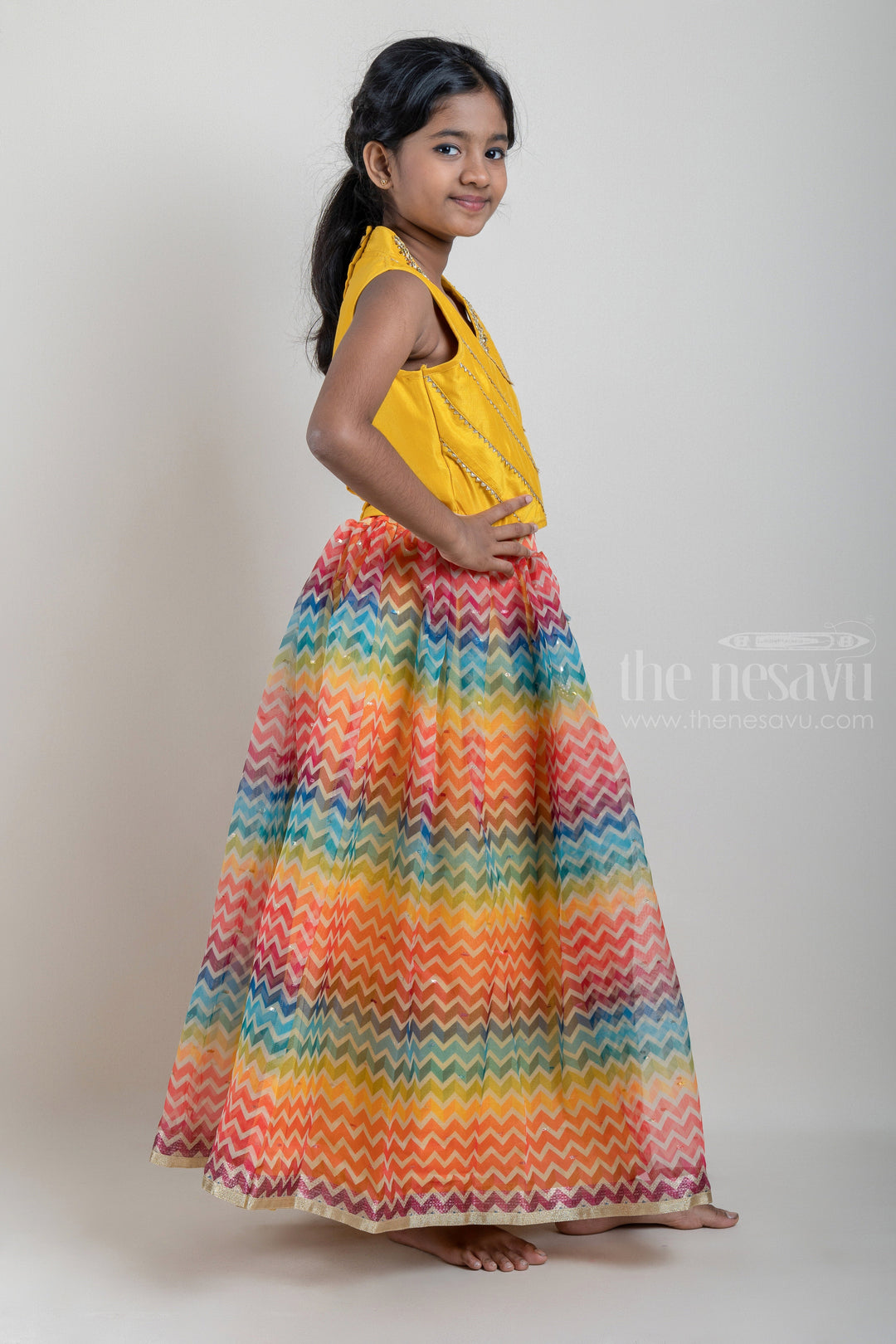 The Nesavu Lehenga & Ghagra Gota Lace Embroidered Yellow Top With Multi Color Printed Lehenga Choli For Girls Nesavu Buy Yellow Gota Lace Embroidered Lehenga Choli Set for Girls | The Nesavu