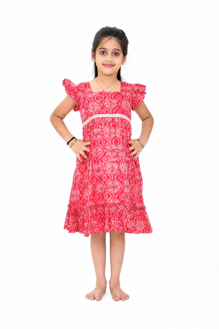 The Nesavu Girls Cotton Frock Gown for Girls Party Wear in Pink with Intricate Patterns and Ruffles Nesavu Nesavu Party Wear Gown Girls Pink Ruffled Hem Intricate Patterns