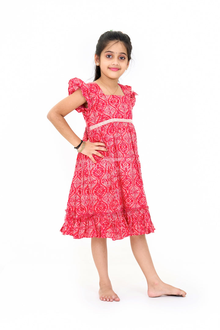 The Nesavu Girls Cotton Frock Gown for Girls Party Wear in Pink with Intricate Patterns and Ruffles Nesavu Nesavu Party Wear Gown Girls Pink Ruffled Hem Intricate Patterns