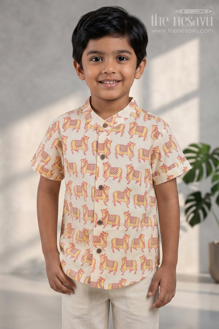 The Nesavu Boys Cotton Shirt Graceful Boys' Ethnic Shirt Featuring Pichwai Cow Print | Nesavu | Pay Homage To Art and Culture Nesavu 14 (6M) / Yellow / Cotton BS039D-14 Boys Printed Shirt | The Nesavu