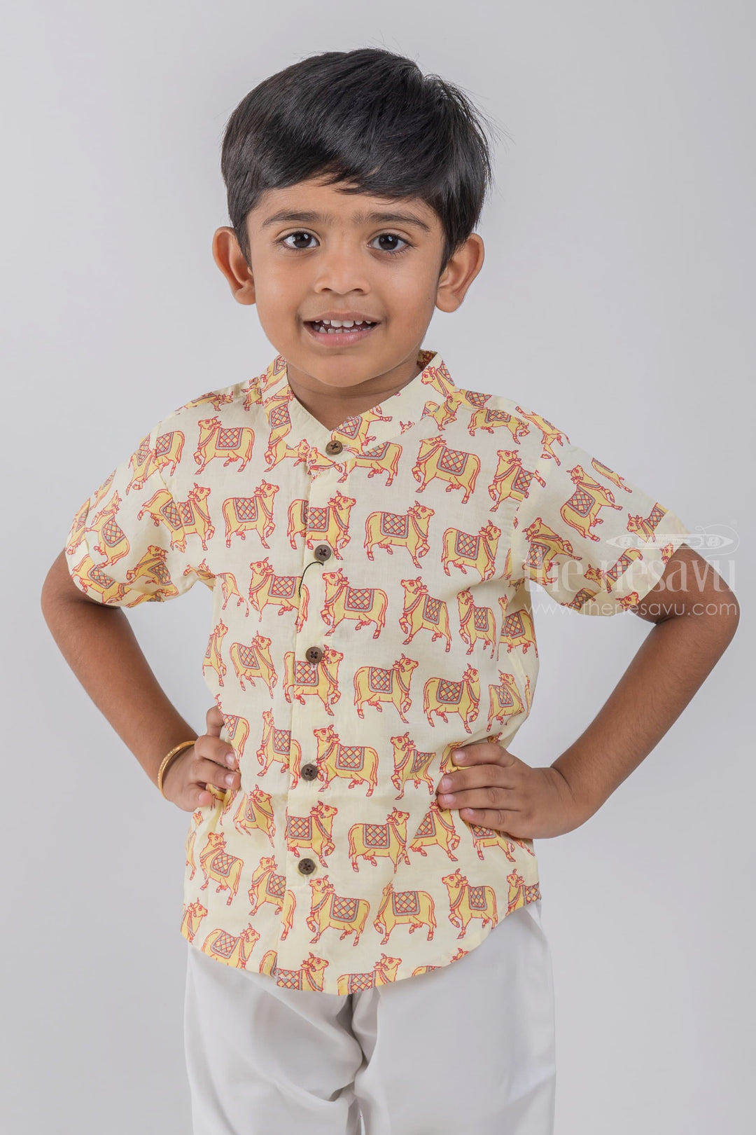 The Nesavu Boys Cotton Shirt Graceful Boys' Ethnic Shirt featuring Pichwai Cow Print | Nesavu | Pay Homage to Art and Culture psr silks Nesavu 14 (6M) / Yellow / Cotton BS039D