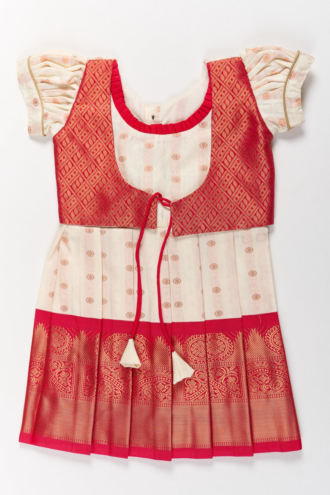 The Nesavu Girls Kanchi Silk Frock Graceful Cream and Red Pattu Pavadai for Girls with Golden Zari Accents Nesavu 16 (1Y) / Cream / Style 1 SF835AA-16 Nesavu Graceful Cream Red Pattu Pavadai Girls Golden Zari Accents