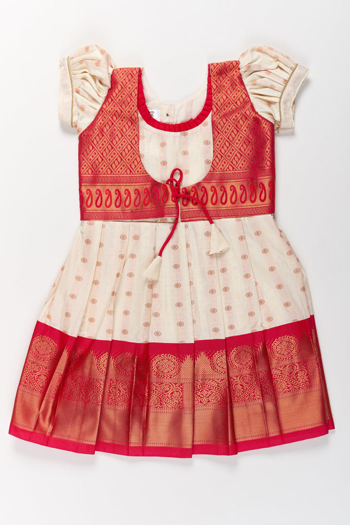 The Nesavu Girls Kanchi Silk Frock Graceful Cream and Red Pattu Pavadai for Girls with Golden Zari Accents Nesavu 20 (3Y) / Cream / Style 2 SF835AB-20 Nesavu Graceful Cream Red Pattu Pavadai Girls Golden Zari Accents
