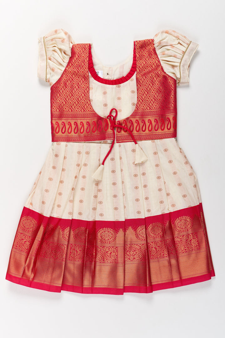 The Nesavu Girls Kanchi Silk Frock Graceful Cream and Red Pattu Pavadai for Girls with Golden Zari Accents Nesavu 20 (3Y) / Cream / Style 2 SF835AB-20 Nesavu Graceful Cream Red Pattu Pavadai Girls Golden Zari Accents
