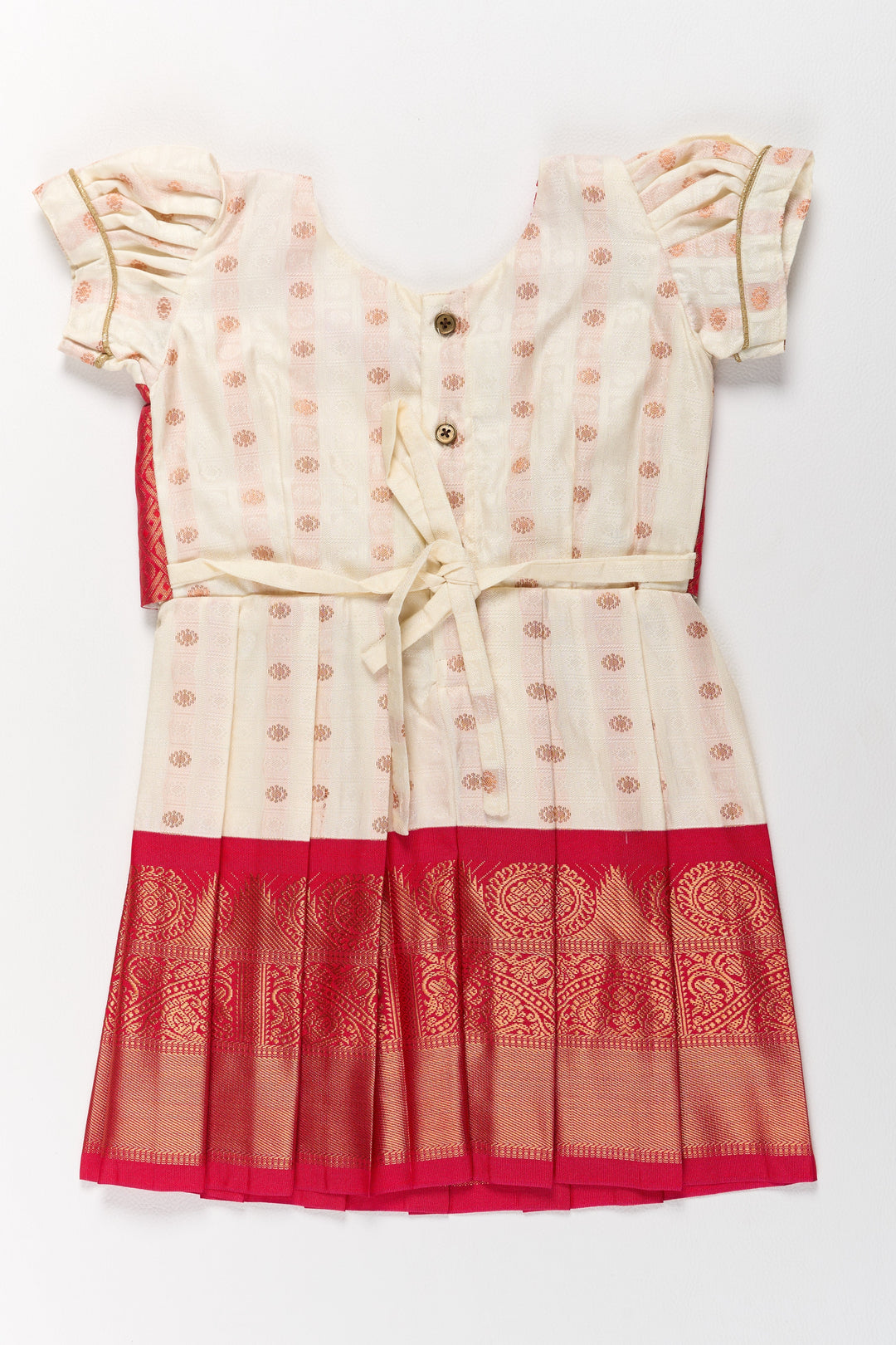The Nesavu Girls Kanchi Silk Frock Graceful Cream and Red Pattu Pavadai for Girls with Golden Zari Accents Nesavu Nesavu Graceful Cream Red Pattu Pavadai Girls Golden Zari Accents