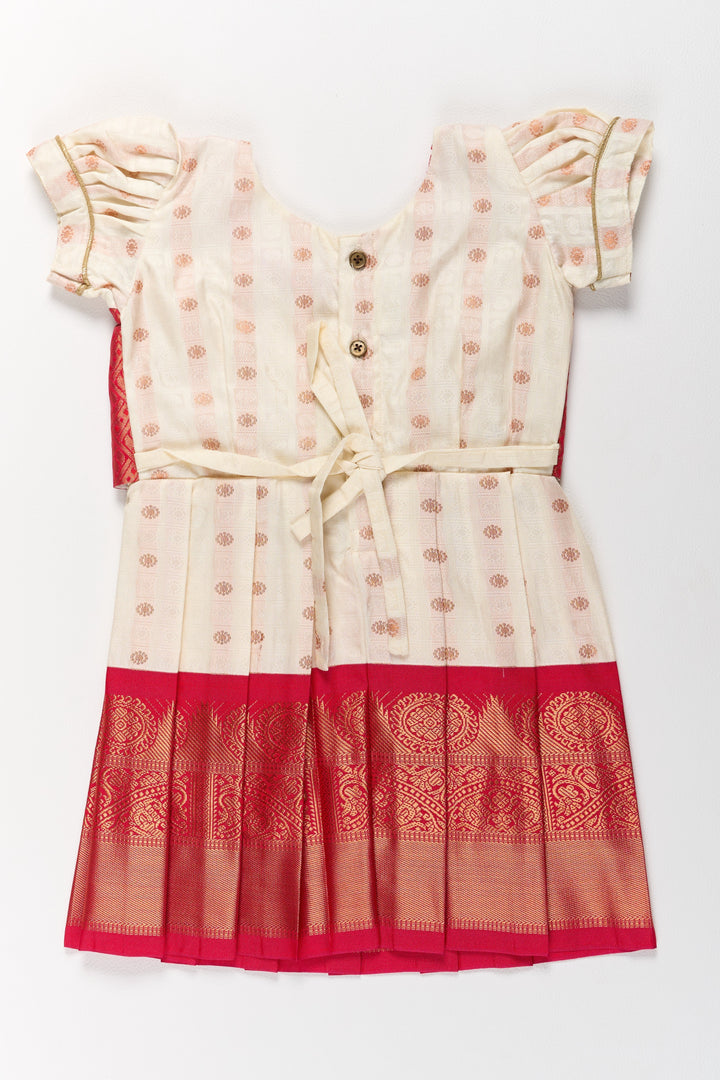 The Nesavu Girls Kanchi Silk Frock Graceful Cream and Red Pattu Pavadai for Girls with Golden Zari Accents Nesavu Nesavu Graceful Cream Red Pattu Pavadai Girls Golden Zari Accents