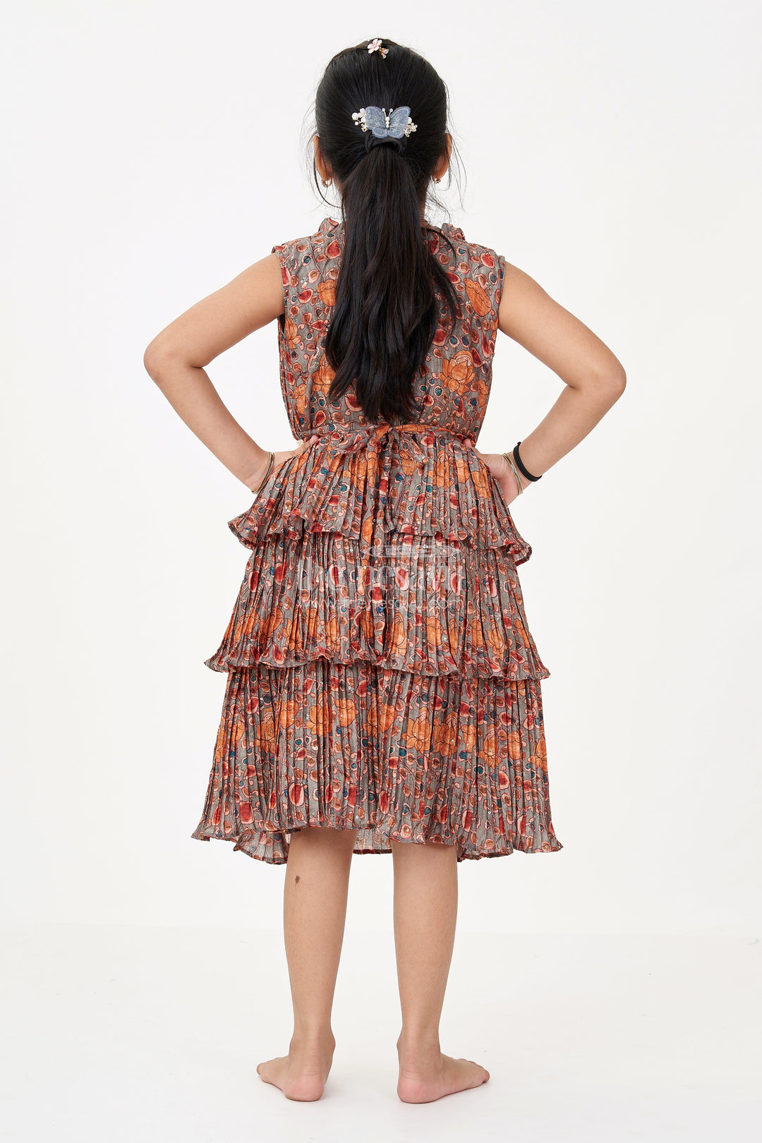 The Nesavu Girls Fancy Frock Graceful Ethnic Frock Dress for Girls with Chinon Silk Pleated Layers and Festive Print Nesavu Nesavu Graceful Ethnic Frock Dress Girls Chinon Silk Pleated Layers Festive Print