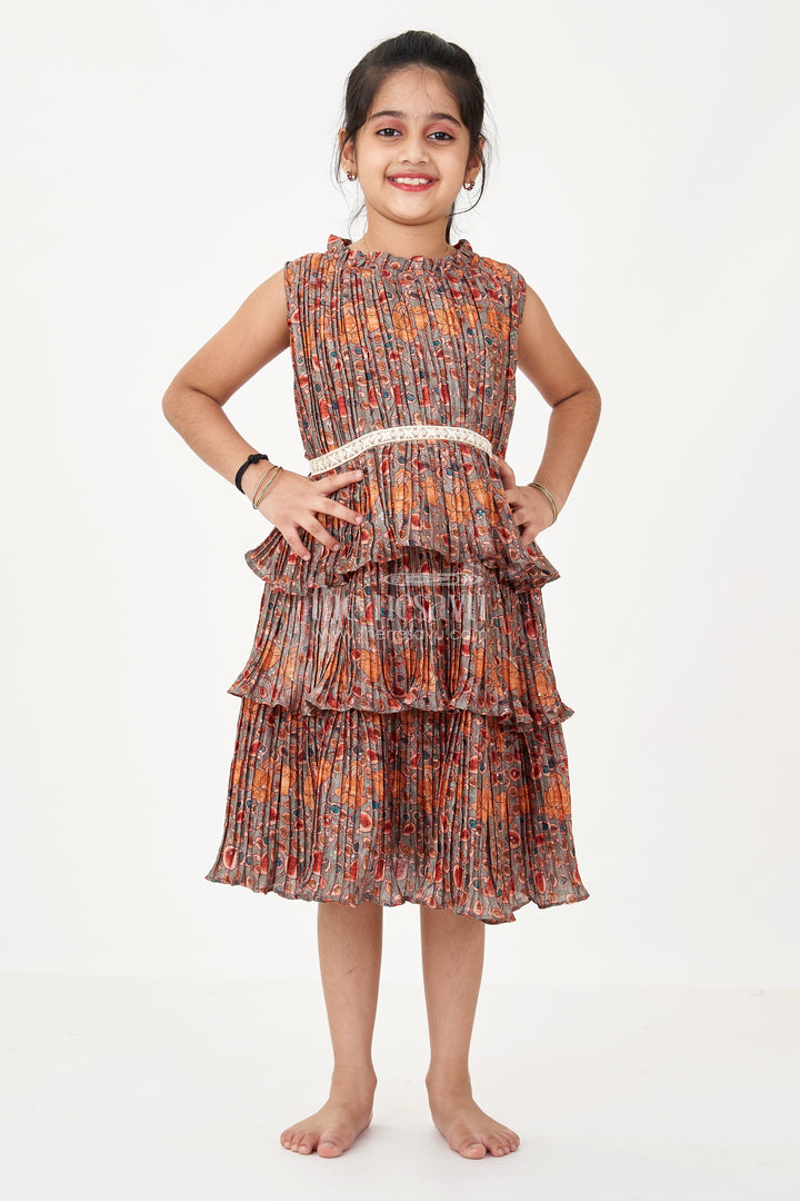 The Nesavu Girls Fancy Frock Graceful Ethnic Frock Dress for Girls with Chinon Silk Pleated Layers and Festive Print Nesavu Nesavu Graceful Ethnic Frock Dress Girls Chinon Silk Pleated Layers Festive Print